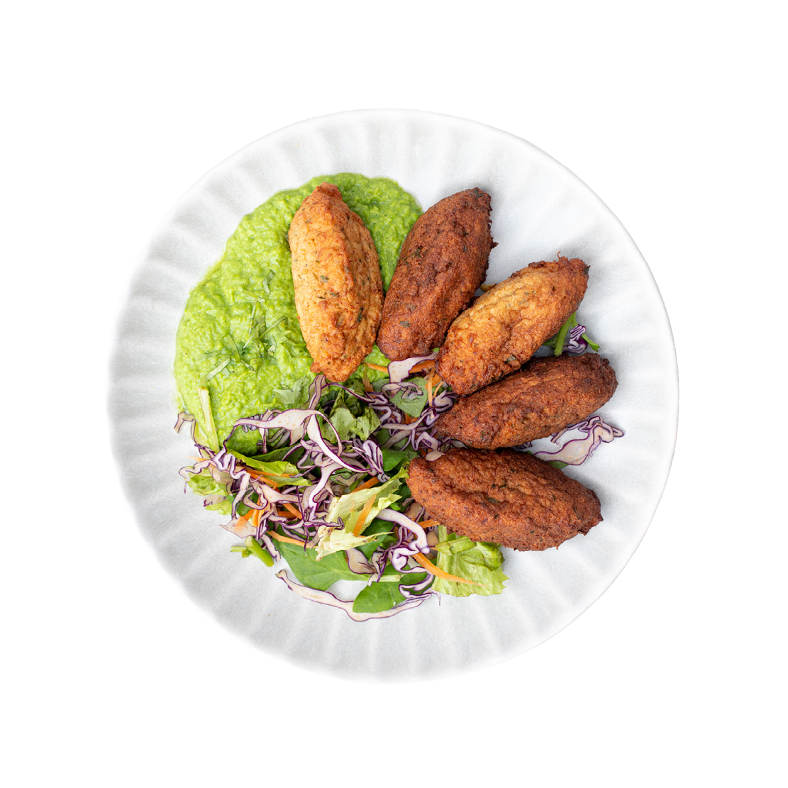 Codfish Fritters, Mashed Green Peas and Salad