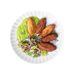 Codfish Fritters, Mashed Green Peas and Salad