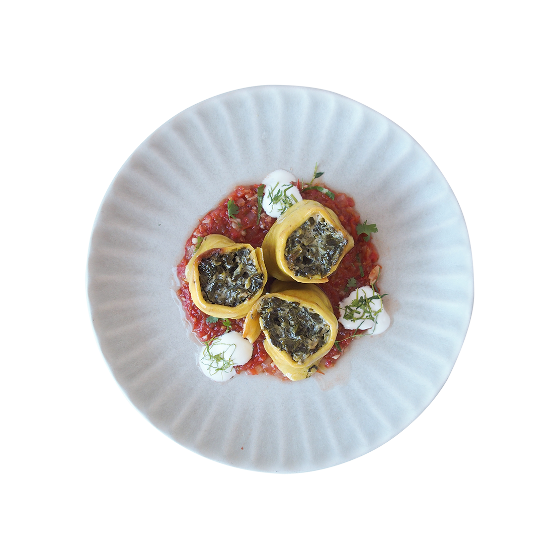 Rotoli Di Spinaci in Tomato-Juniper Berry Sauce