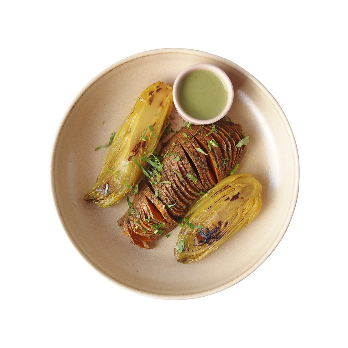 Hasselback, Chick-Spin Sauce, Veggies