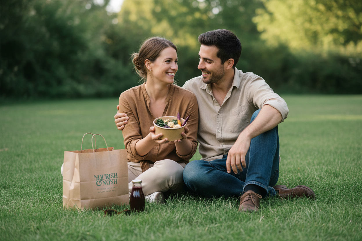 Couple in nature – woman holding N&N meal box
